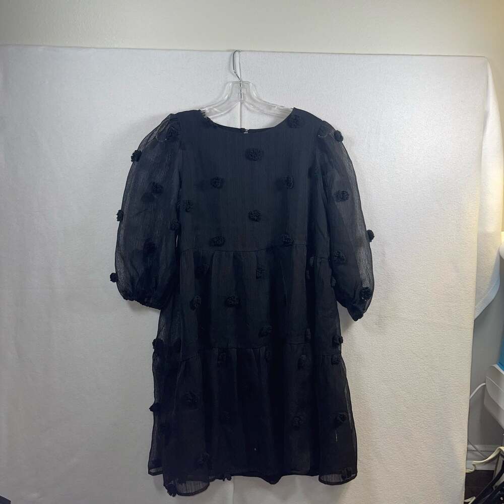 Mittoshop Black Pom Pom Tiered Puff Sleeve Dress Size M